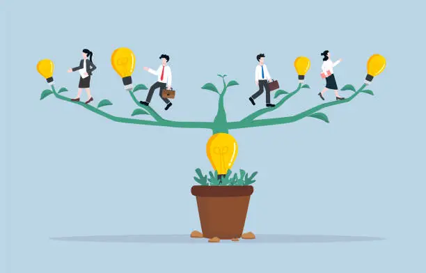 Vector illustration of Implementing ideas to expand business, applying concept to work, studying more knowledge for career development concept, Businesspersons walking along branches to light bulb tips of idea light bulb tree.