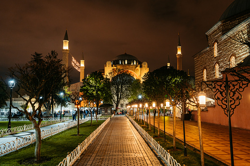 View of the exterior of Hagia Sofia in Istanbul, Turkey at night.