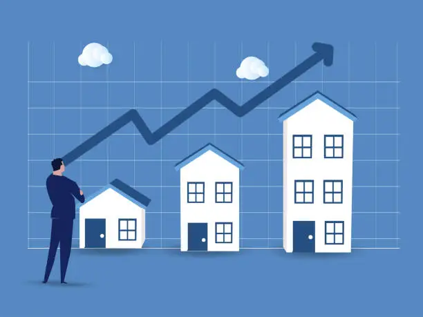 Vector illustration of Housing price rising up, Arrow chart rising house prices, real estate investment or property growth concept.vector iluustration.