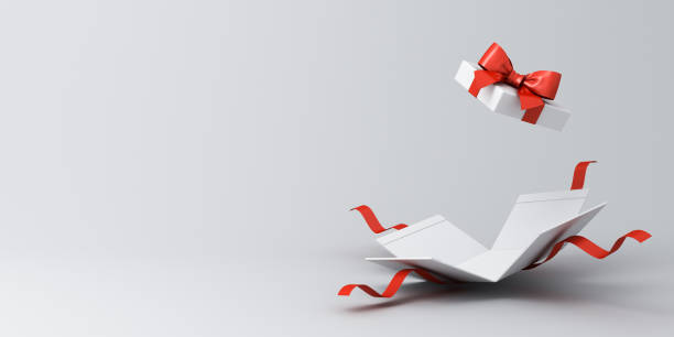 istock Open white present box or gift box with red ribbons and bow isolated on white grey background with shadow minimal conceptual 3D rendering 1497157015