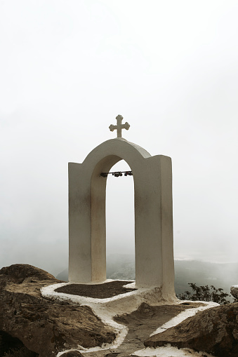 White and blue churches on Santorini island, cyclades, Greece