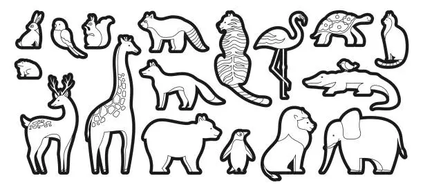 Vector illustration of Animal cute linear sticker set for scrapbook stamp characters for baby planner design collection