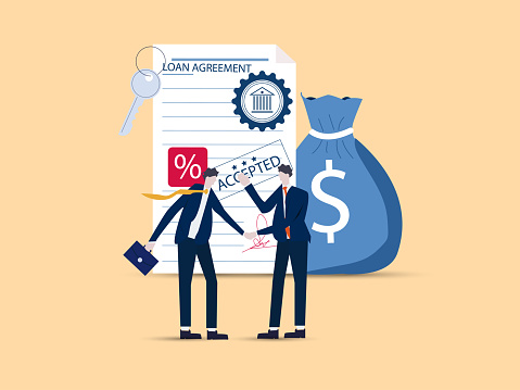 Loan agreement borrow money from bank, mortgage, debt or obligation to pay back interest rate, personal loan or financial support concept, businessman shaking hand with loan agreement. Vector illustration.