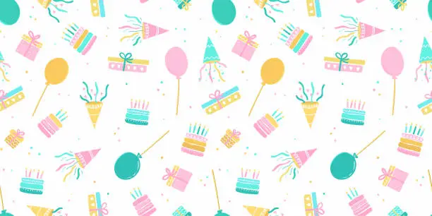 Vector illustration of Fun hand drawn party seamless background with cakes, gift boxes, balloons and party decoration. Great for birthday parties, textiles, banners, wallpapers, wrapping - vector design