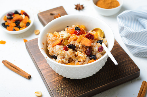 Spelt Porridge with Nuts and Dried Fruit Mix, Delicious Breakfast