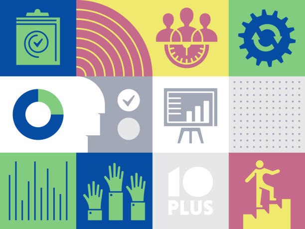 ilustraciones, imágenes clip art, dibujos animados e iconos de stock de infografía de patrones con iconos para el rendimiento - evaluación del desempeño