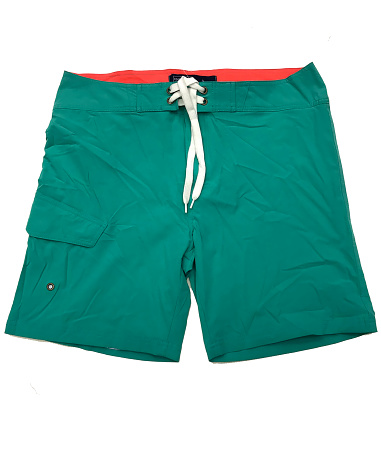 Green cargo shorts with shoe lace draw cord at the waist band