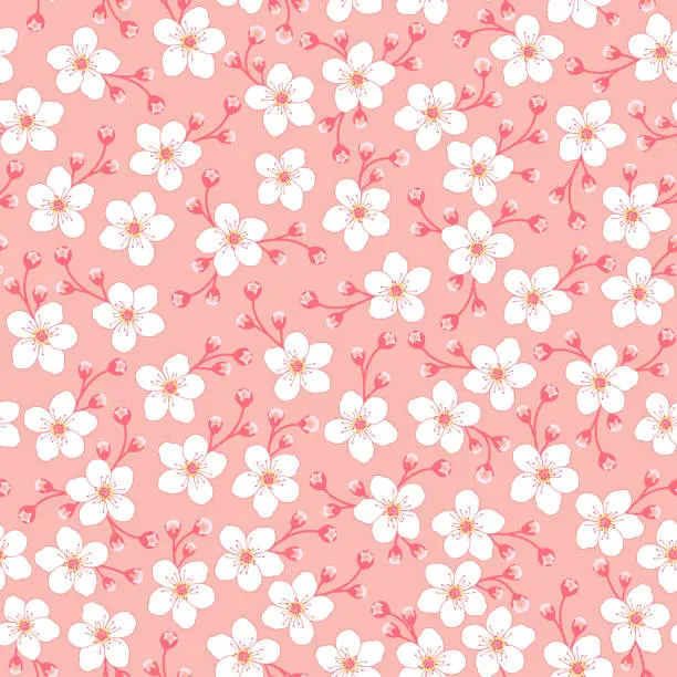 Vector illustration of Sakura Floral Print. Peach cherry blossom seamless pattern. white jasmine flower pattern.