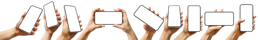A set including a woman hand holding a generic modern smartphone with a blank screen in various positions, comprising perspective, vertical, and horizontal versions