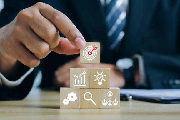 istock Business strategy and Action plan concept.Targeting the business, Business development concept.Time management.Icon on wooden block. 1497170299