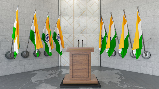 India Parliament Concept Indian Flag in a Row with a Empty Wooden Wall. Press Conference in Government Building. 3D Render