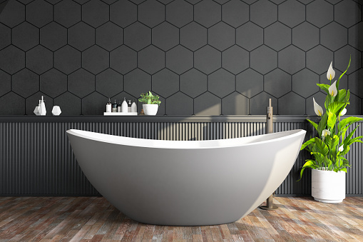 Luxury  Black Bathroom Interior with Accessories. 3D Render