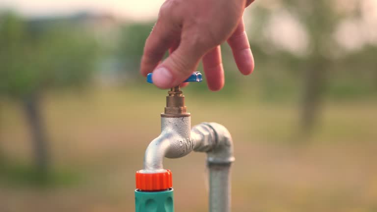 Hand turning on the faucet for a hose to water the plants