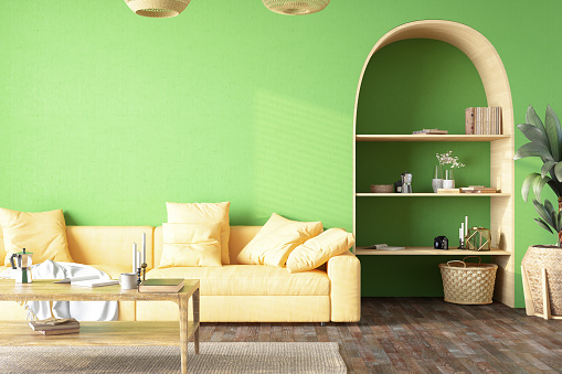 Colorful Cozy Living Room Interior with Empty Green Wall. 3D Render
