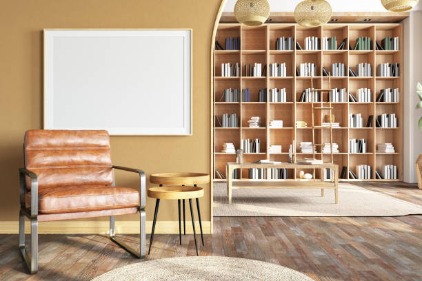 istock Cozy Living Room with a Library and Empty Mock Up Picture Frame 1497170676