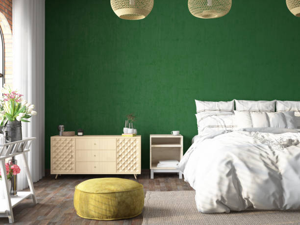 istock Boho Style Cozy Bedroom with Green Plants and Empty Wall 1497170694
