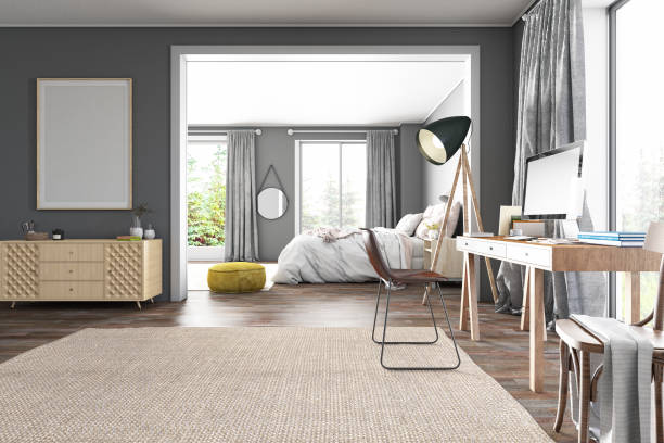 istock Cozy Bedroom Interior With Study Desk and Empty Picture Frame 1497170869
