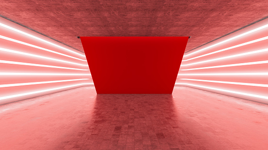 Futuristic Abstract Red Room with Neon Lights. 3D Render