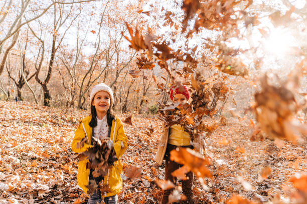 istock Two girls having fun playing throwing dry leafs in autumn park 1497170932