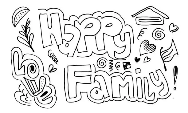 Vector illustration of A collection of cute doodle hand drawings such as writing happy family, love and other symbols on a white background