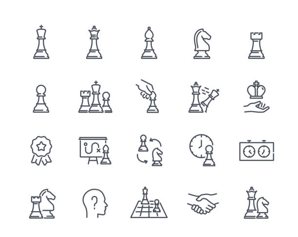 Chess icons set Chess icons set. Strategy game with chess pieces, queen and knight. Checkmate, chessboard and tactics concept. Outline stickers for apps. Linear flat vector collectionon isolated on white background chess piece stock illustrations