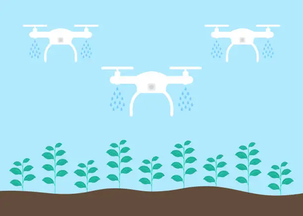 Vector illustration of Smart Farming Technology With Irrigation Drones Watering Seedlings