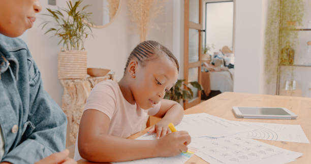 istock Support, mother or child learning drawing for kindergarten school homework or artistic project at home. Black family, paper or mama working or helping a creative African girl student with development 1497176233
