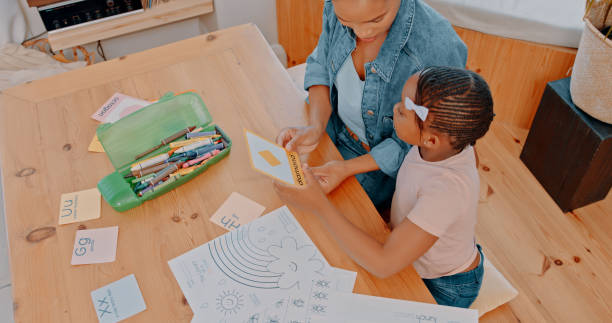 istock Education, mother or child learning shapes for kindergarten school homework or artistic project at home. Top view, paper or mom working or helping a creative African girl student with development 1497176242