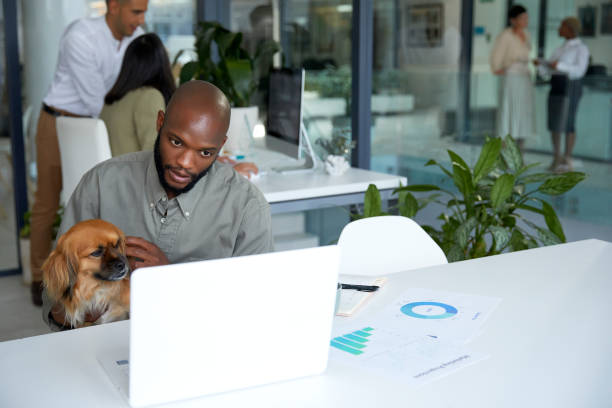 istock Businessman working on his laptop and holding his dog 1497176745