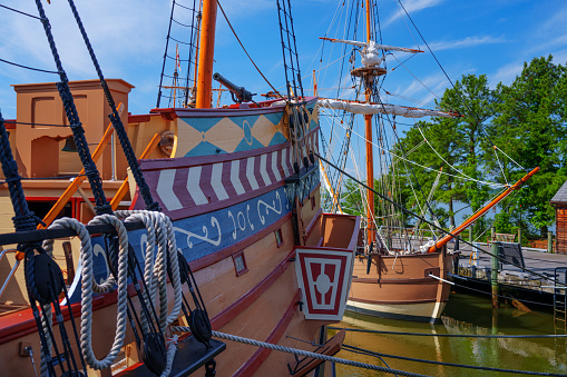 MAY 9, 2023 - JAMESTOWN, VIRGINIA, USA: The Jamestown Settlement with recreated ships form the colonial period.