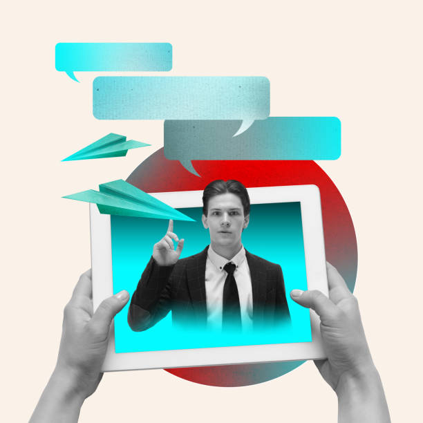 istock Business communication. Human hands holding table with young businessman talking, making statements. Contemporary art collage. 1497178447