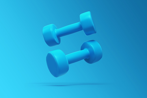 3d Render Red Plastic Dumbbell Gradient Blue Background, Object Path, Can be used for healthy life, sports, yoga, medical concepts.