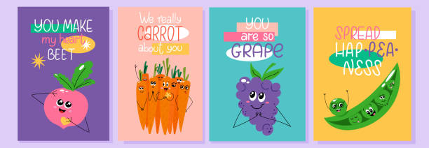 Collection of bright posters with cartoon food characters and funny short phrases. Collection of bright posters with cartoon food characters and funny short phrases. Vector illustration. happy green peas stock illustrations