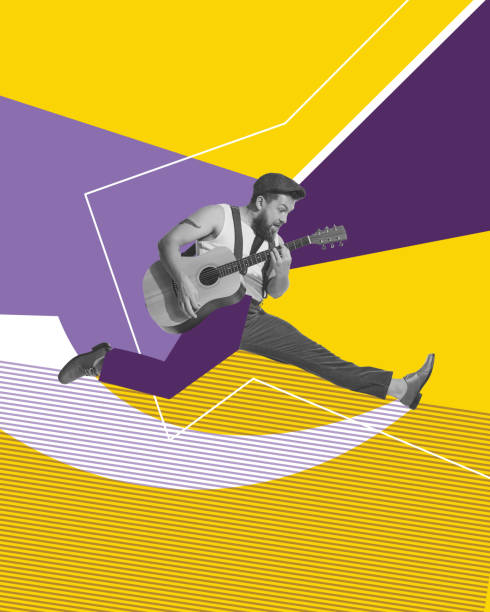 istock Beaded young man in retro clothes jumping, playing guitar against multicolored abstract background. Contemporary art collage. 1497182115