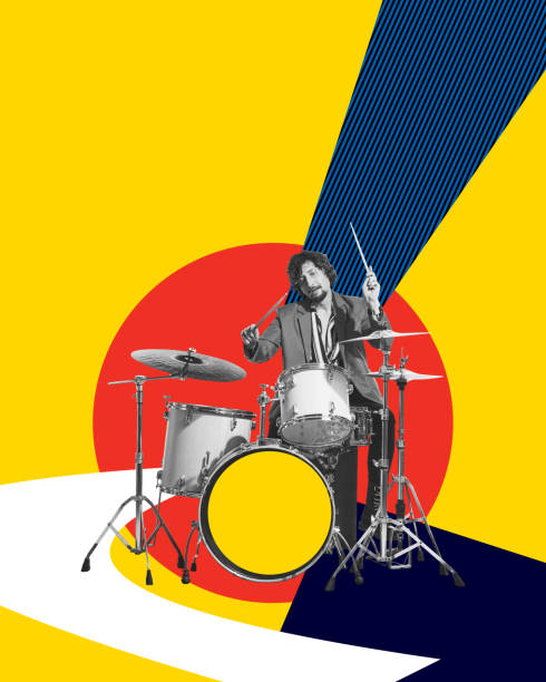 istock Talented man playing drums against multicolored abstract background. Contemporary art collage. Concert, performance, entertainment. 1497182125