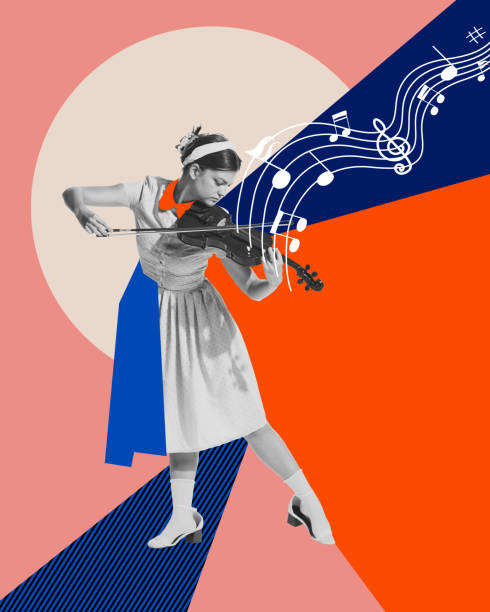 istock Young talented girl playing violin, making love sounds against multicolored abstract background. Contemporary art collage. 1497182128