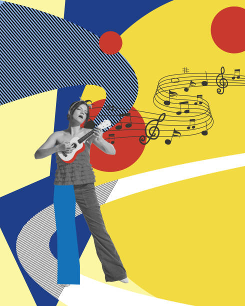 istock Talented young girl playing ukulele, small guitar against multicolored abstract background. Contemporary art collage. 1497182134