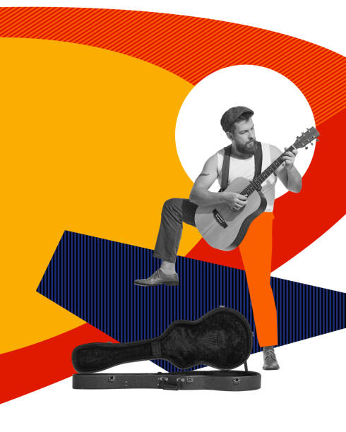 istock Young bearded man in retro clothes playing guitar, making performance against multicolored abstract background. Contemporary art collage. 1497182143