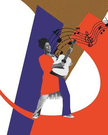 Beautiful african woman playing guitar and singing against multicolored abstract background. Contemporary art collage. Concept of music festival, creativity, inspiration, art, ad.