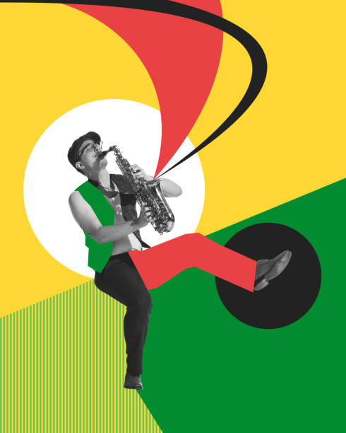 istock Young man playing saxophone against multicolored abstract background. Jazz festival. Contemporary art collage. 1497182155