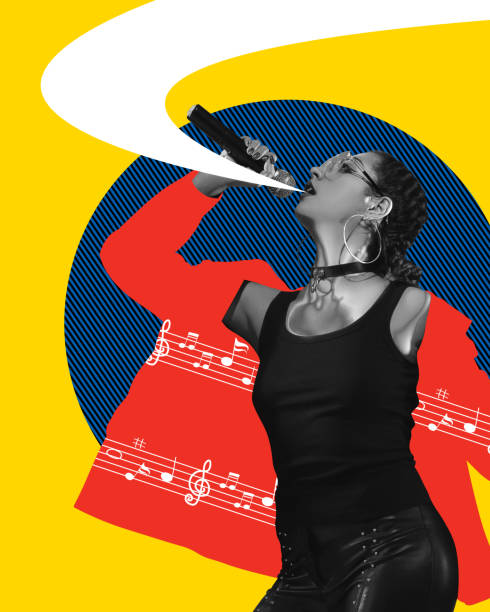 istock Rock and roll. Young woman singing, making performance against multicolored abstract background. Contemporary art collage. 1497182182