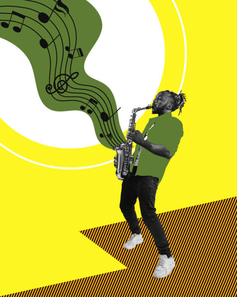 istock Stylish african man making performance, playing saxophone over multicolor abstract background. Contemporary art collage. 1497182194