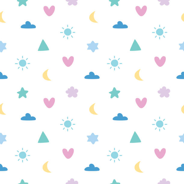 パステルカラーの太陽、雲、月、心、抽象的な落書きのシームレスなパターン背景 - star pattern点のイラスト素材／クリップアート素材／マンガ素材／アイコン素材