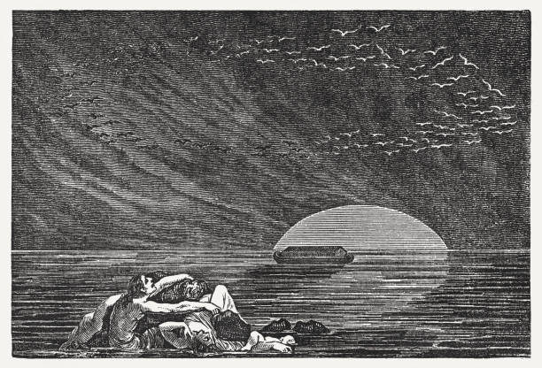 powódź (genesis 7), drzeworyt, opublikowany w 1835 - ark noah flood sky stock illustrations
