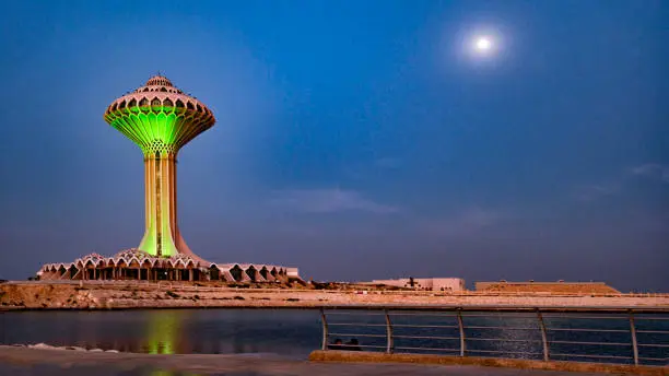 The al Khobar water tower photographed after dusk. Saudi Arabia