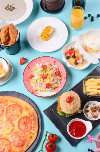 istock Top view of dishes from the Children's menu on a blue surface 1497183116