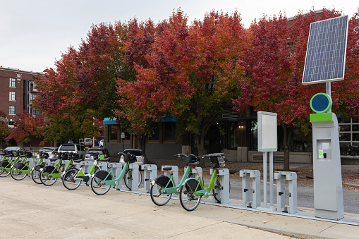 Electric bicycles near Pioneer Park in Salt Lake City, Utah, USA