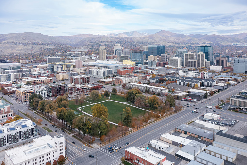 Aerial view of Pioneer Park in Salt Lake City, Utah, United States