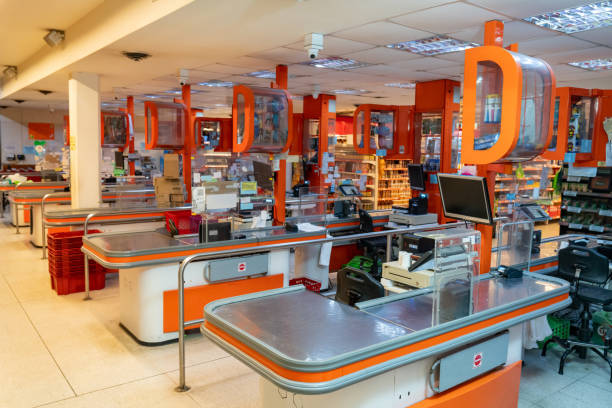 Empty cash registers at the supermarket - No people