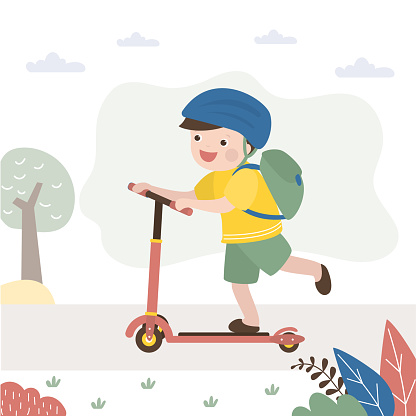 Cute boy drive children scooter. Child game, imagination, active kid rides small scooter. Childhood, learning, explore world. Funny driver on toy two-wheeler transport. flat vector illustration